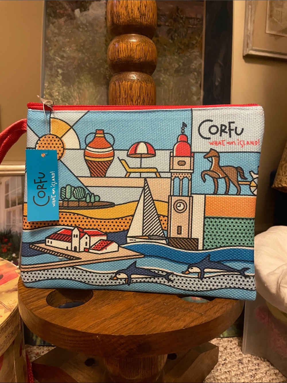 Corfu Illustrated Canvas Zip Pouch - Blue & Red Accents